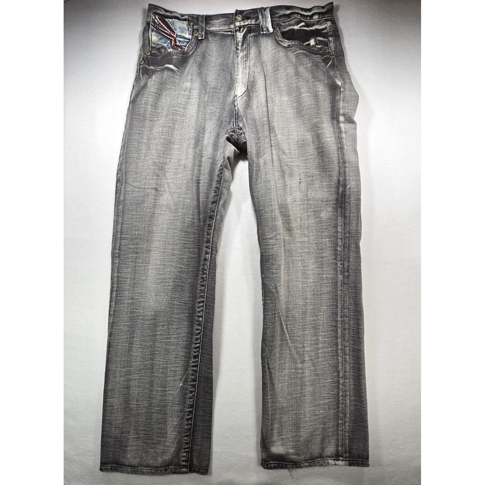 Y2K Akademiks Men Grey Distressed Relaxed Jeans A46P28 Embroidered Pockets 38x31